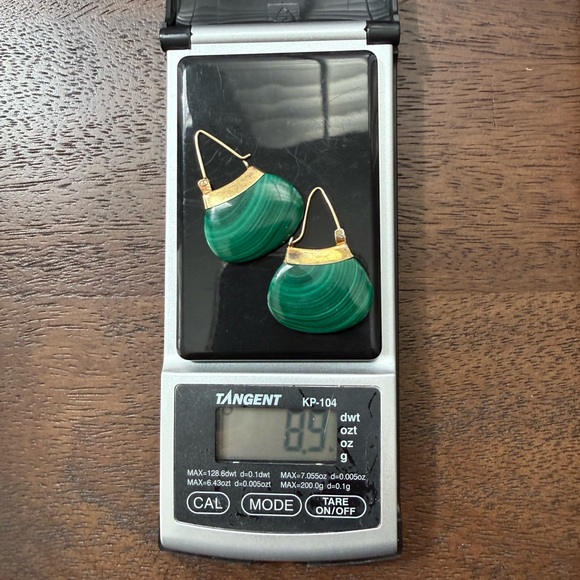 Natural malachite gold plated sterling silver drop earrings - Picture 4 of 7